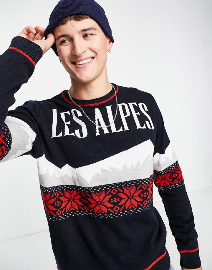 Threadbare Les Alpes Crew Neck Christmas Sweater In Navy
