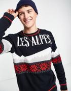 Threadbare Les Alpes Crew Neck Christmas Sweater In Navy