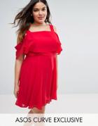 Asos Curve Cold Shoulder Flutter Sleeve Mini Dress - Red