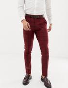Asos Design Skinny Suit Pants In Burgundy Wool Mix Check - Red