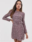 Fashion Union Structured Bodycon Dress In Abstract Print With Belt Detail-pink