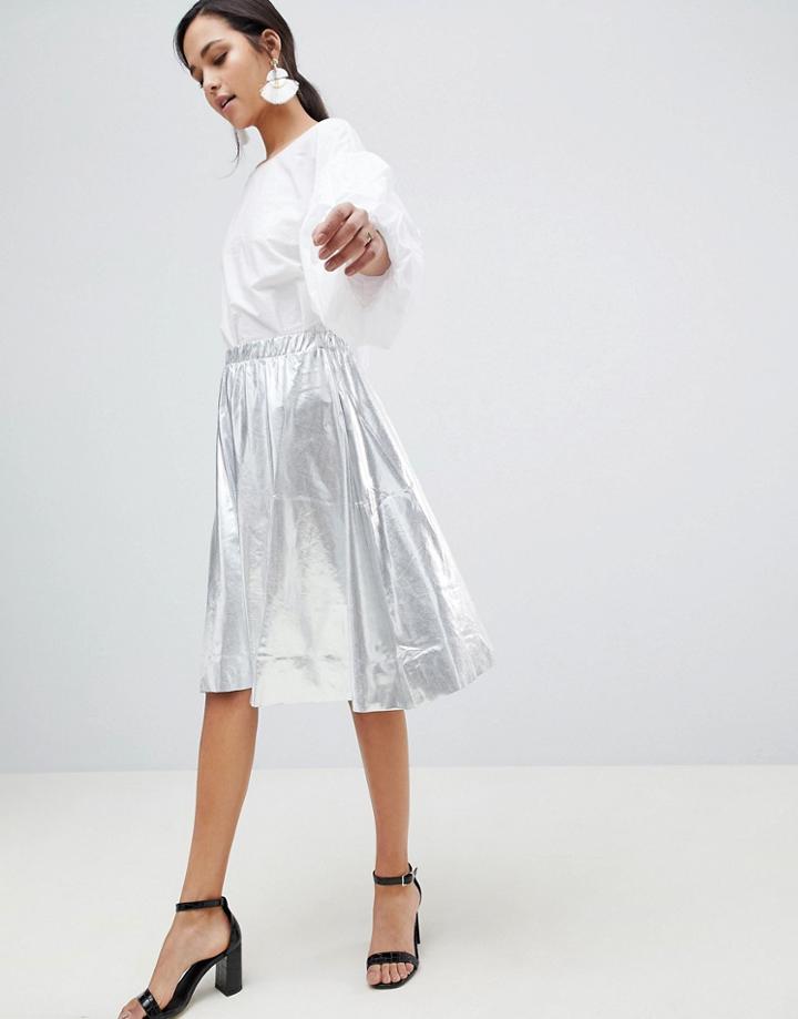 Vila Silver Faux Leather Skater Skirt - Silver