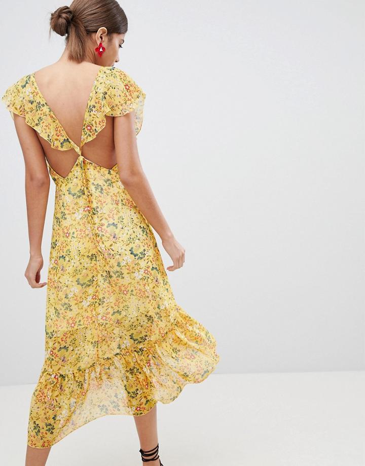 Prettylittlething Floral Tie Back Midi Dress - Yellow