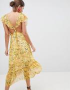 Prettylittlething Floral Tie Back Midi Dress - Yellow