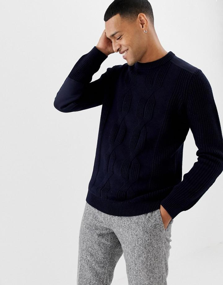 Ted Baker Cable Knit Sweater With Shoulder Patch Detail-navy