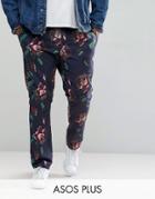 Asos Plus Skinny Pants In Oversized Rose Print - Navy