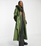 Reclaimed Vintage Inspired Longline Leather Look Trench With Detachable Faux Fur Collar In Sage-green