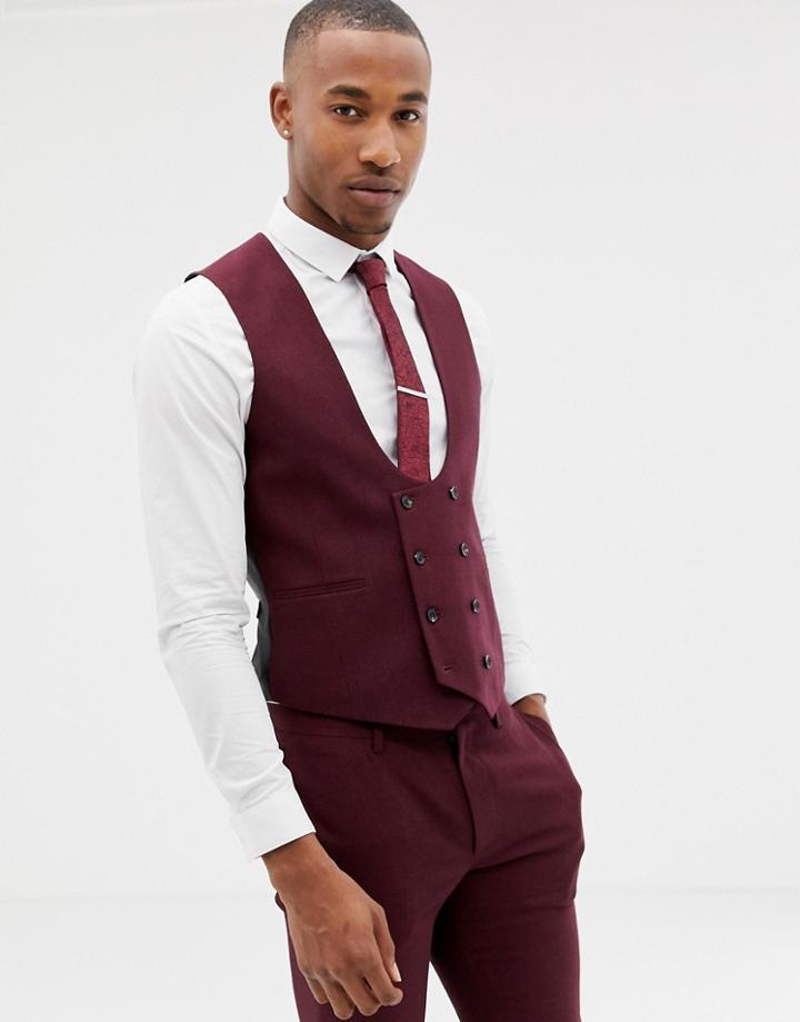 Asos Design Wedding Super Skinny Suit Vest In Burgundy Micro Texture - Red