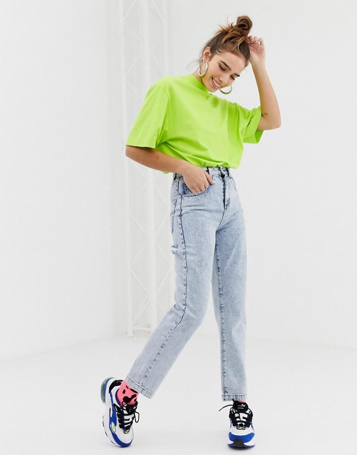 Collusion X005 Straight Leg Jeans In Acid Wash With Bum Rips - Blue