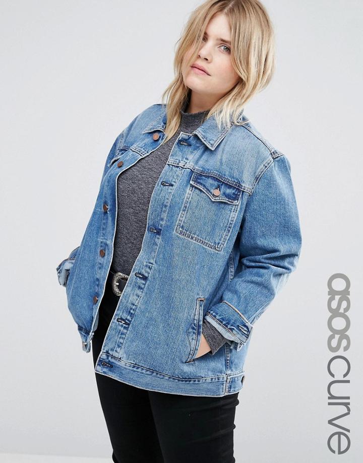 Asos Curve Denim Girlfriend Jacket In Astrid Mid Stonewash Blue - Blue