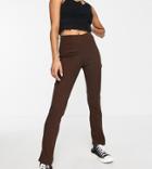 Topshop Petite Waffle Zip Front Split Flared Pants In Chocolate-brown