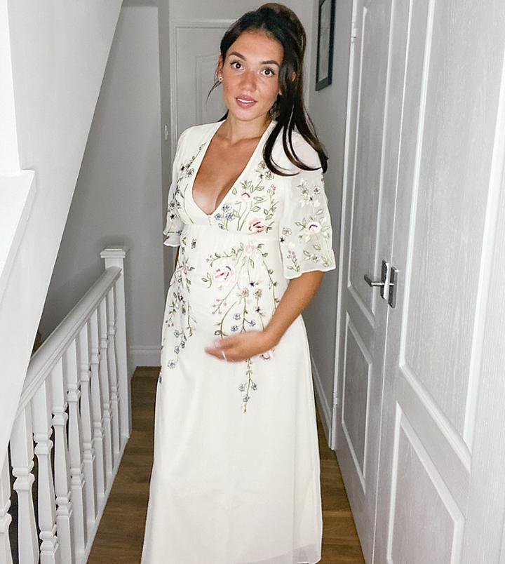 Hope & Ivy Maternity Bridesmaid Embroidered Midaxi Dress In Ivory Floral-multi