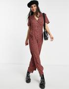 Asos Design Bubble Crepe Tea Button Front Jumpsuit In Burgandy Animal-multi