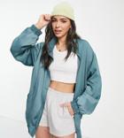 Asos Design Tall Silky Bomber Jacket In Teal-blue