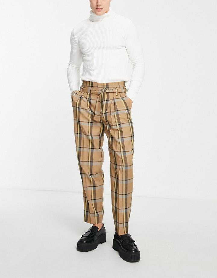 Asos Design Oversized Tapered Pants With Belt In Brown Check