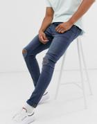 Asos Design Super Skinny Jeans In Dusty Blue With Busted Knees - Blue