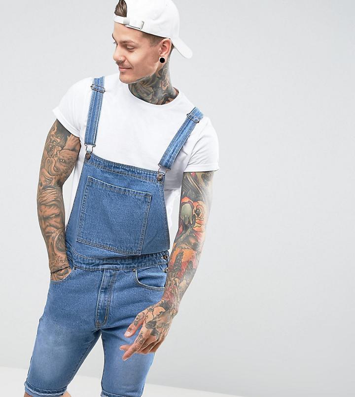 Liquor N Poker Mid Wash Blue Short Overall - Blue