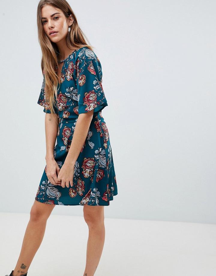 Daisy Street Dress With Split Neck Detail In Rose Nouveau Print - Green