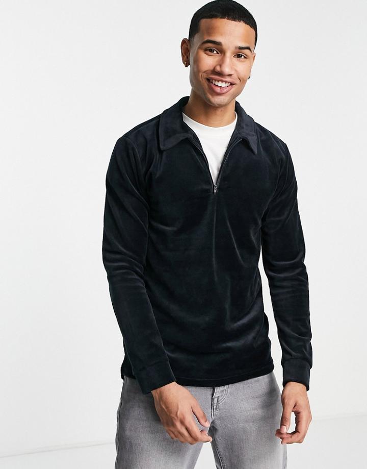 Only & Sons Velour Polo With Long Sleeves In Navy