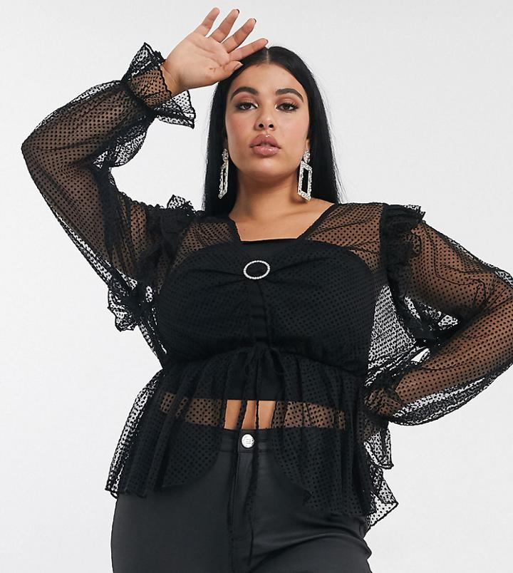 Asos Design Curve Dobby Mesh Top With Rhinestone Detail Black