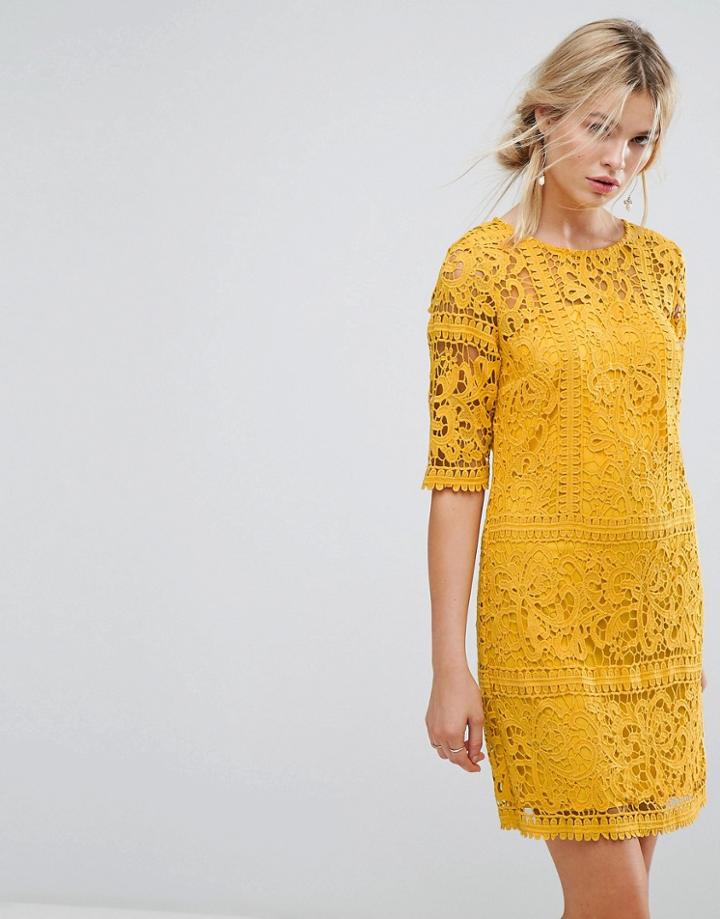 Little Mistress Allover Cutwork Lace Shift Dress - Yellow