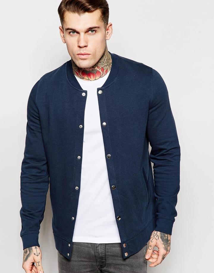 Asos Bomber With Snaps In Navy - Navy