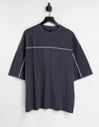 Asos Design Oversized Half Sleeve Pique T-shirt In Washed Black With White Piping
