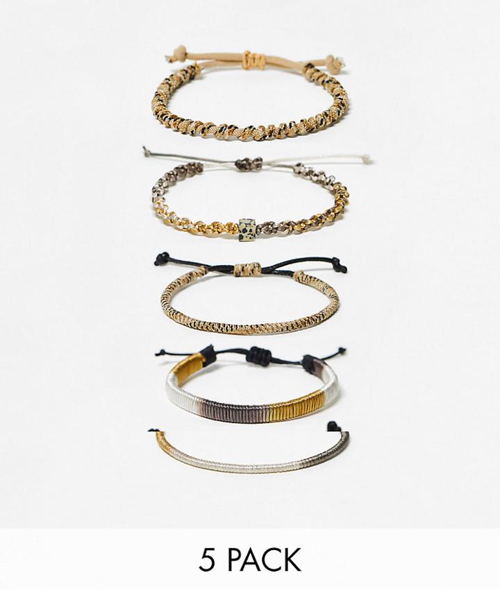 Asos Design 5 Pack Cord Bracelet Set In Light Beige And Gray-neutral