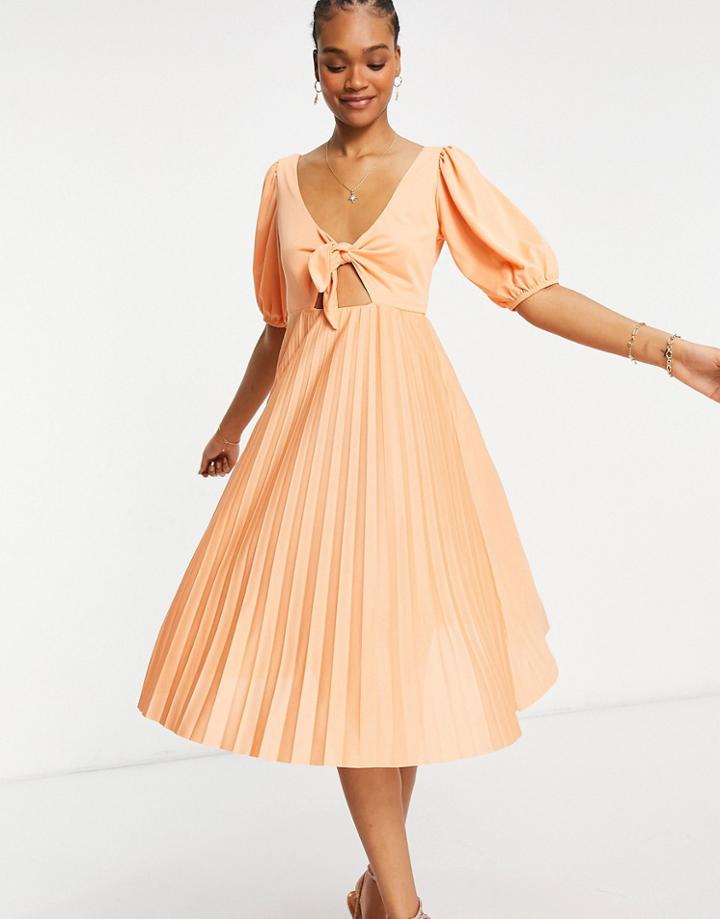 Asos Design Pleated Front Tie Puff Sleeve Midi Skater Dress In Coral-pink