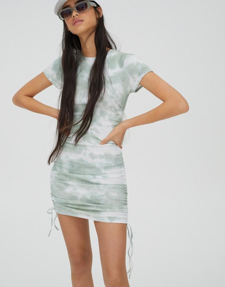 Pull & Bear Ruched Side Mini Dress In Green Tie Dye