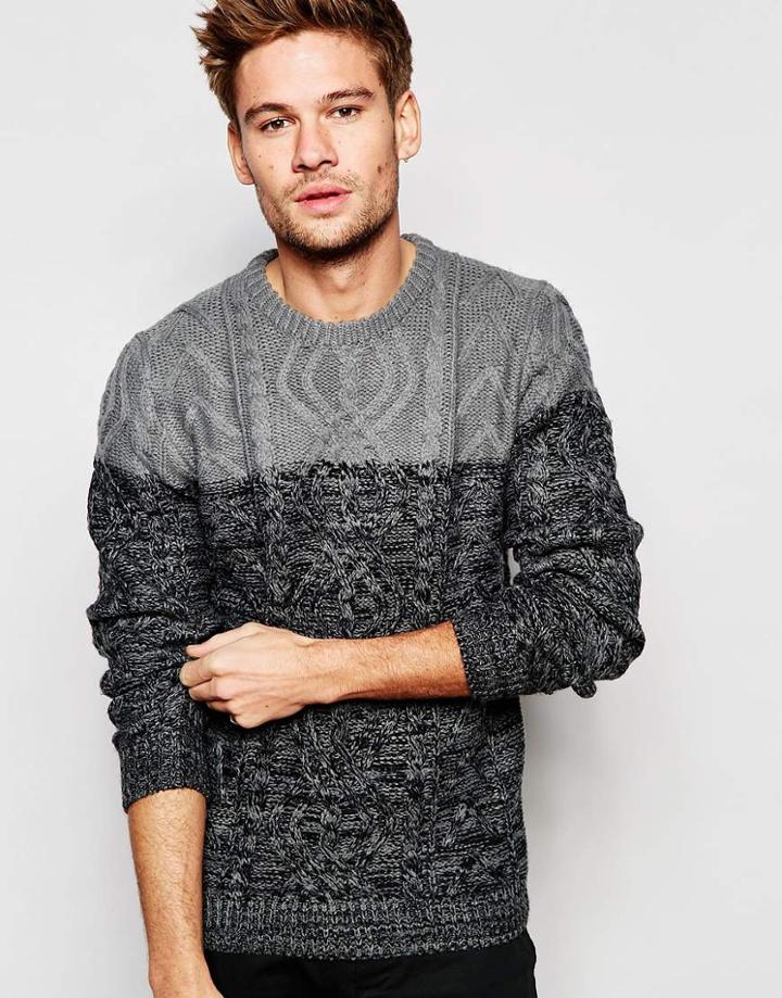 Blend Crew Sweater Slim Fit Cable Top Melange Bottom - Black