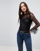 Qed London Mesh Top With Frill Sleeve - Black