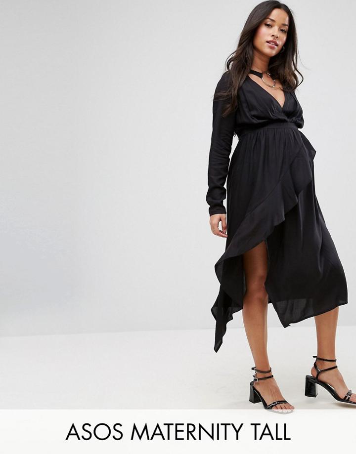 Asos Maternity Tall Nursing Dress With Ruffle Front And Collar Detail - Black