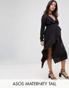 Asos Maternity Tall Nursing Dress With Ruffle Front And Collar Detail - Black
