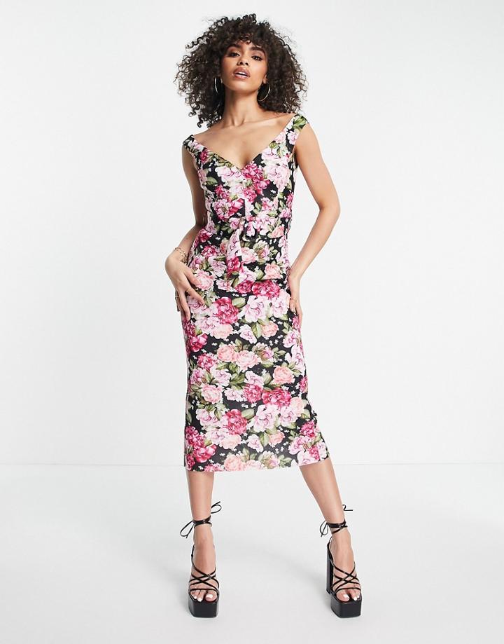Asos Design Sweetheart Belted Midi Pencil Dress In Black Base Pink Floral-multi