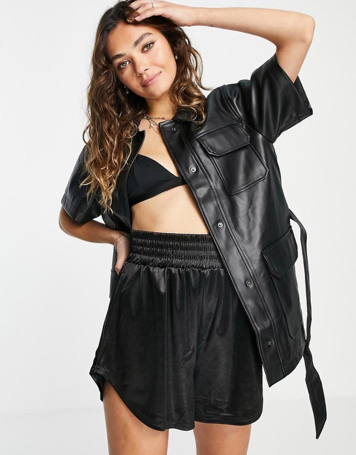 Topshop Short Sleeve Leather Look Shirt In Black
