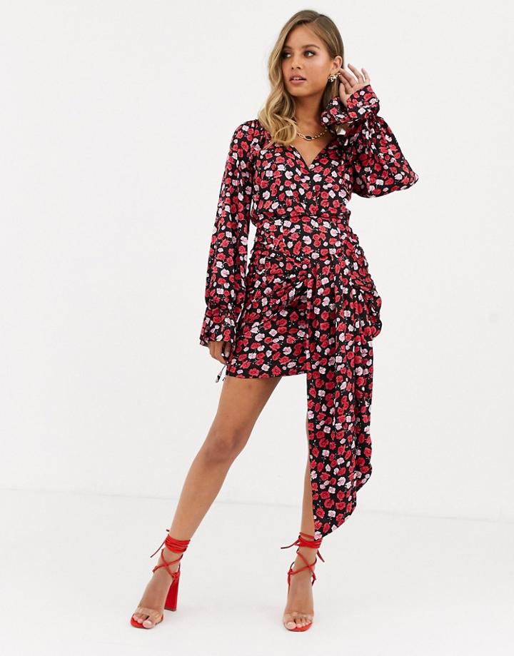 Dark Pink Long Sleeve Mini Dress With Wrap Front Detail In Mixed Floral Print-purple