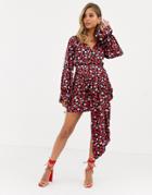 Dark Pink Long Sleeve Mini Dress With Wrap Front Detail In Mixed Floral Print-purple
