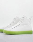 Asos Design Lace Up Canvas Sneakers In White With Green Transparent Sole