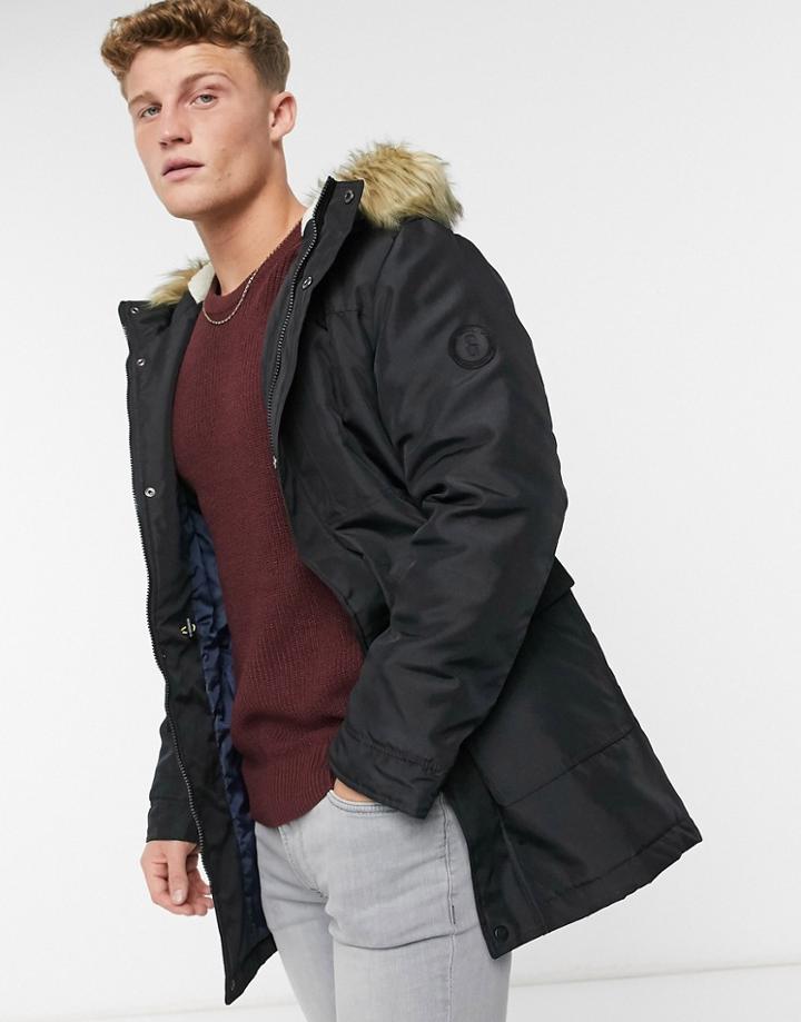 Only & Sons Parka With Sherpa Lined Hood And Removable Faux-fur Trim In Black