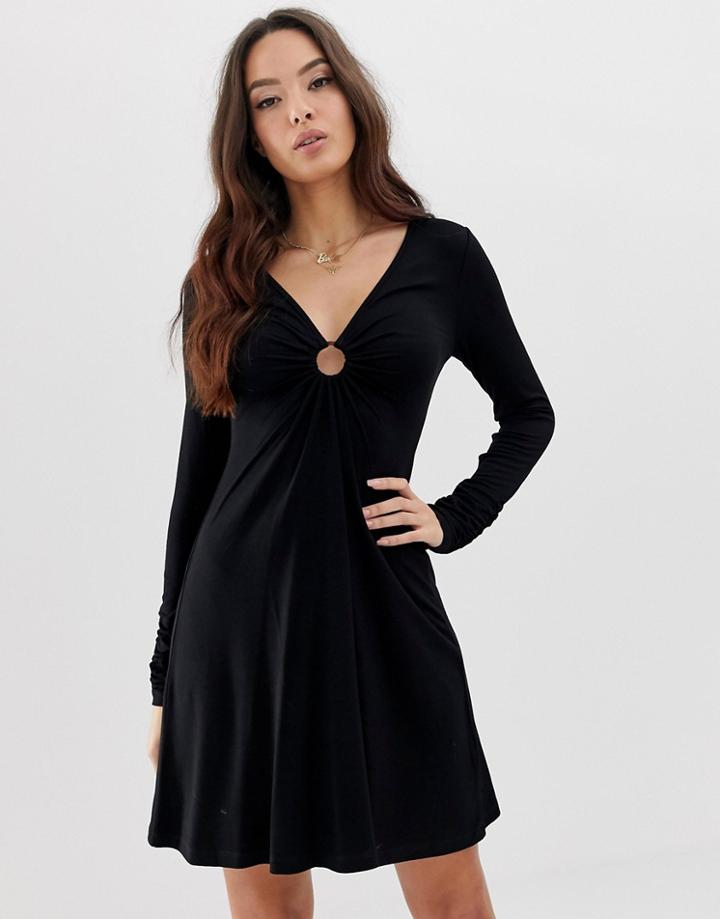 Asos Design Mini Long Sleeve Swing Dress With Tortoiseshell Ring Detail - Black