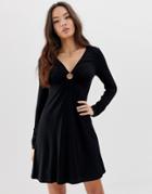 Asos Design Mini Long Sleeve Swing Dress With Tortoiseshell Ring Detail - Black