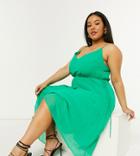 Asos Design Curve Pleated Cami Midi Dress With Drawstring Waist In Emerald Green