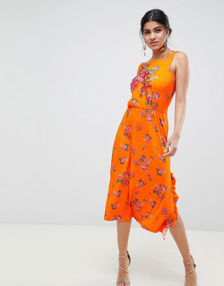 Asos Design Rose Applique Midi Tea Dress In Floral Print-multi