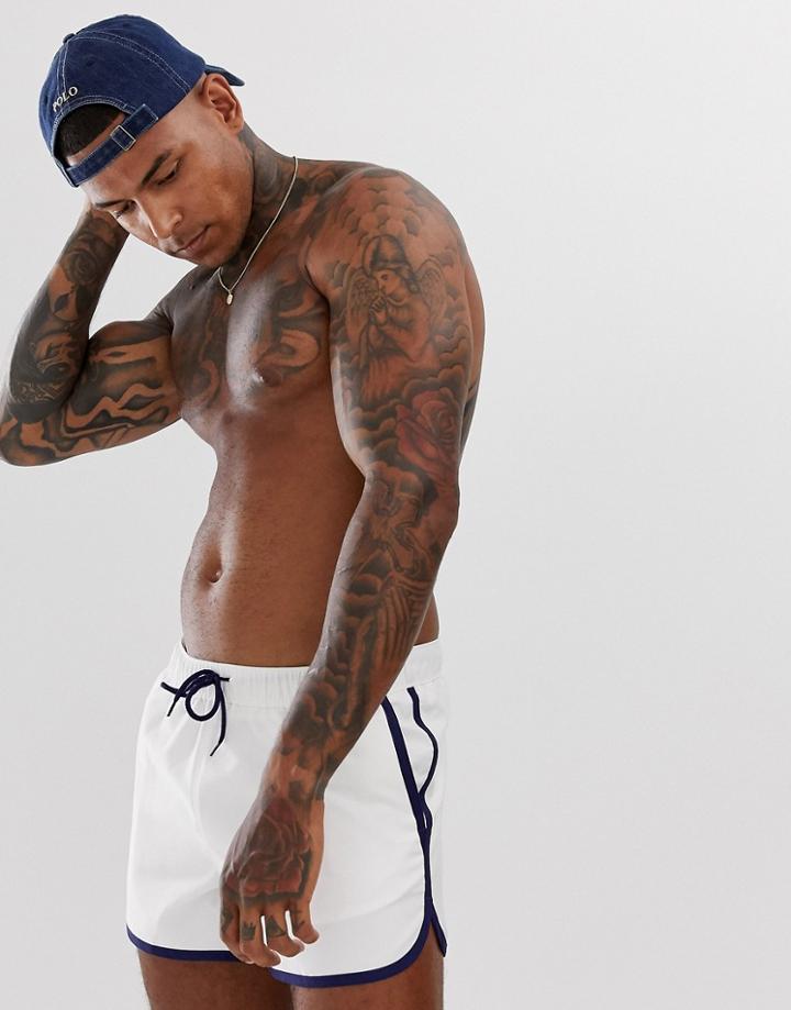 Asos Design Runner Swim Short In White With Contrast Navy Binding - White