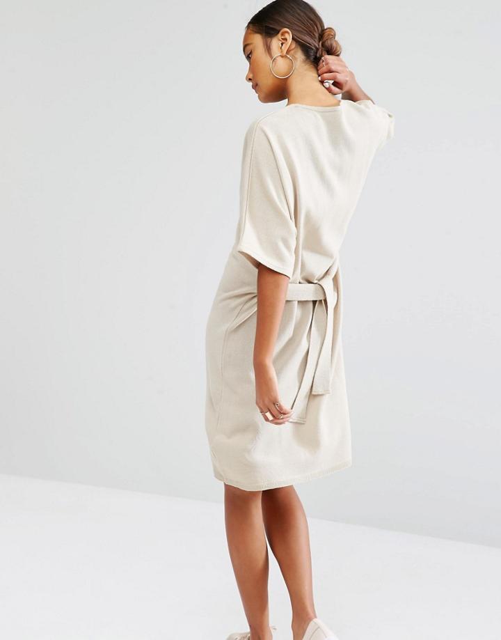 Daisy Street Tie-waist Knitted T-shirt Dress - Nude