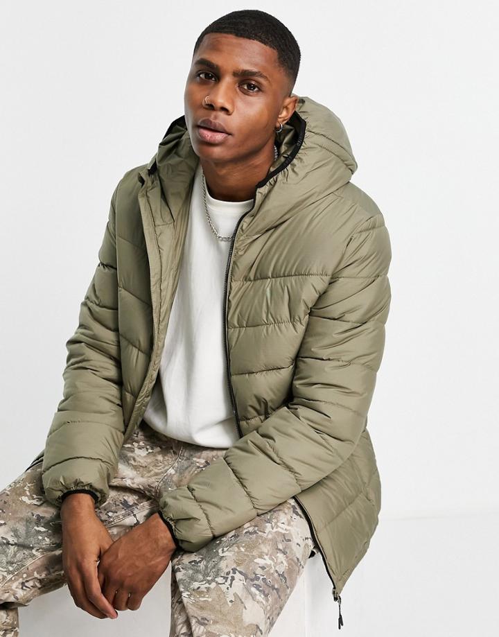 Pull & Bear Lightweight Hooded Puffer In Khaki-brown