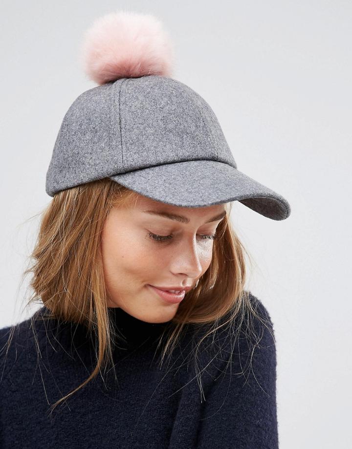Asos Wool Cap With Faux Fur Multi Pom - Gray