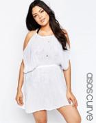 Asos Curve Cheesecloth Tie Back Cold Shoulder Beach Cover Up - White