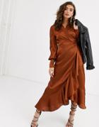Object Satin Wrap Midi Dress With Frill Detail In Chocolate-brown